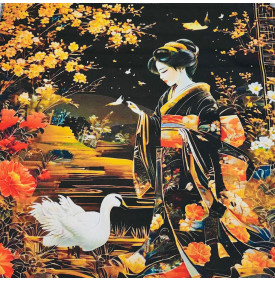 Carré Coton “Geisha au Cygne Blanc” – 45 x 45 cm – Impression Digitale