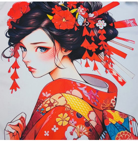 Carré Coton “Geisha Rouge Sakura” – 45 x 45 cm – 100% Coton – Impression Digitale