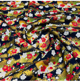 Coupon Coton Foil “Éventails & Fleurs d’Or” – Fond Marine – 50 x 150 cm