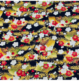 Coupon Coton Foil “Éventails & Fleurs d’Or” – Fond Marine – 50 x 150 cm