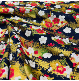 Coupon Coton Foil “Éventails & Fleurs d’Or” – Fond Marine – 50 x 150 cm