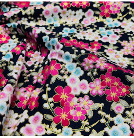 Tissu Coton Imprimé Foil / Fleurs Sakura - Naomi Noir & Rose
