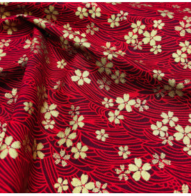 Tissu Coton Imprimé Foil / Fleurs Sakura - Tatami Rouge & Doré
