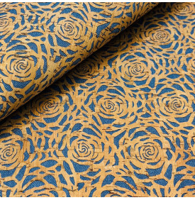 Coupon Liège 3D Entoilé Jeans – Fleurs Stylisées Bleues (type rose) – 50 x 45 cm