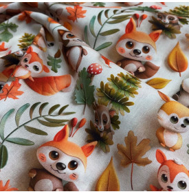 Coton digital imprimé Animaux de la Forêt écru, motif enfant à effet 3D doux et chaleureux.