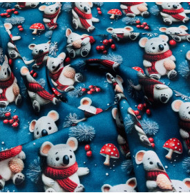 Coupon Coton 3D “Koalas d’Hiver” – Fond Bleu – 50 x 145 cm – Tissu Enfant & Noël