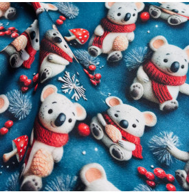Coupon Coton 3D “Koalas d’Hiver” – Fond Bleu – 50 x 145 cm – Tissu Enfant & Noël