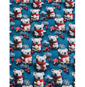 Coupon Coton 3D “Koalas d’Hiver” – Fond Bleu – 50 x 145 cm – Tissu Enfant & Noël