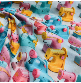 Coton digital imprimé machines à coudre 3D, motif rétro multicolore à effet relief.