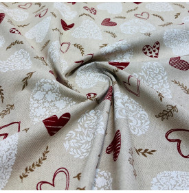 Toile Palace Imprimée Cœurs – Écru / Rouge – Largeur 140 cm – Tissu Déco & Ameublement