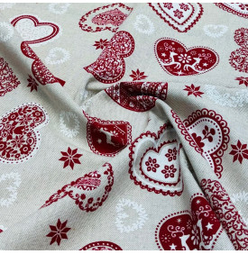 Toile Palace Imprimée "Cœurs de Noël" Rouge & Écru – Largeur 140 cm – Tissu Déco & Table (Vente au mètre)