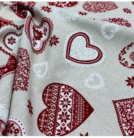 Toile Palace Imprimée "Cœurs de Noël" Rouge & Écru – Largeur 140 cm – Tissu Déco & Table (Vente au mètre)