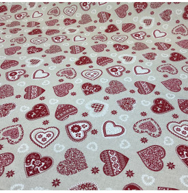 Toile Palace Imprimée "Cœurs de Noël" Rouge & Écru – Largeur 140 cm – Tissu Déco & Table (Vente au mètre)