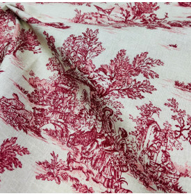 Coupon Coton Enduit « Mini Pastorale » Lin / Rouge – 50 × 160 cm – Tissu Imperméable Esprit Toile de Jouy