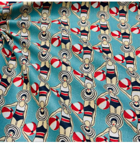 Coupon Coton Enduit « Nageuse » Turquoise – 50 × 160 cm – Tissu Imperméable Rétro & Graphique