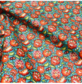 Coupon Coton Enduit « Gange » Turquoise / Orange – 50 × 160 cm – Tissu Imperméable Floral Énergique