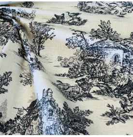 Coupon Coton Enduit « Mini Pastorale » Lin / Noir – 50 × 160 cm – Tissu Imperméable Esprit Toile de Jouy