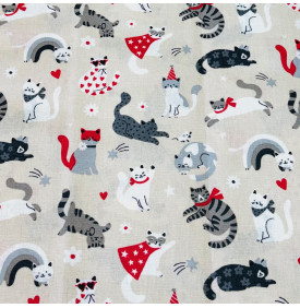 Coupon Coton Enduit « Pacha » Gris – 50 × 160 cm – Motif Chats Malicieux & Déco Ludique