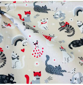Tissu Coton Enduit / Motif Chats – Pacha Gris & Rouge | 14.90 €/M