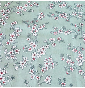Tissu Enduit / Motif Fleurs Japonaises - Osaka Sauge & Blanc | 14.90 €/M