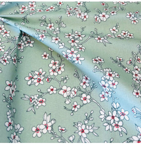 Tissu Enduit / Motif Fleurs Japonaises - Osaka Sauge & Blanc | 14.90 €/M