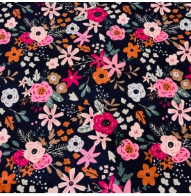 Coupon Coton Enduit « Olga » – Fond Marine – Motif Floral Rose