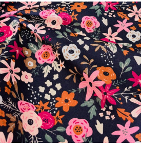 Tissu Coton Enduit « Olga » – Fond Marine – Motif Floral Rose