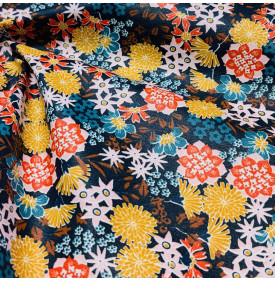 Coupon Coton Enduit / Motif Fleurs Japonaises – Akemi Marine