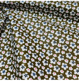 Coupon Tissu Enduit / Motif Petites Fleurs - Mao Kaki & Blanc