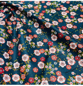 Tissu Coton Enduit / Fleurs Japonaises - Hokkaido Pétrole