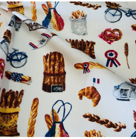 Tissu Coton Enduit / Motif Boulangerie Baguette Française - Ivoire |Coupon