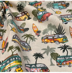 Tissu Coton Enduit / Motif Vans & Surf - Kaki & Taupe| Coupon