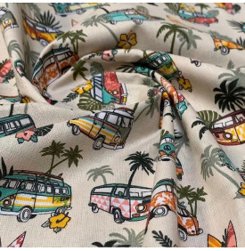 Tissu Coton Enduit / Motif Vans & Surf - Kaki & Taupe| Coupon