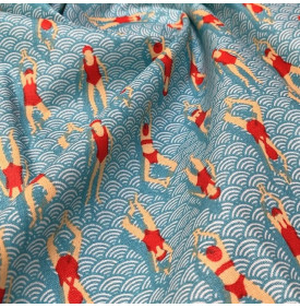 Coupon Coton Enduit « Swimming Pool » – Bleu / Rouge