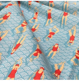 Tissu Coton Enduit / Baigneuses Vintage - Swimming Pool Rouge & Bleu | 14.90 €/M
