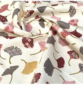 Tissu Coton Enduit / Fleurs Ginkgo - Ivoire & Rose | Coupon