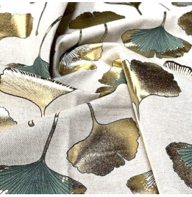 Tissu Aspect Lin Métallisé / Motif Feuille Ginkgo Biloba Foil - Vert | Coupon