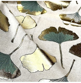 Tissu Aspect Lin Métallisé / Motif Feuille Ginkgo Biloba Foil - Vert | Coupon