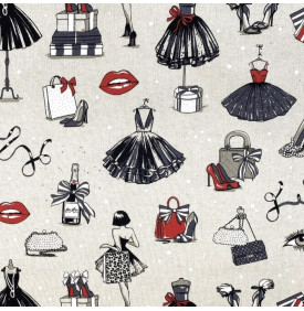 Coupon Tissu Aspect Lin / Frou Frou Noir & Rouge – Couture & Mode Parisienne