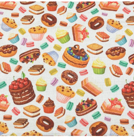 Tissu Aspect Lin / Motif Gâteaux Mignardises - Multicolore | Coupon