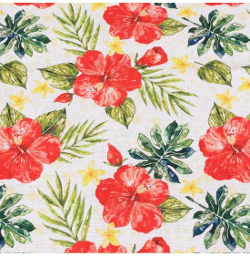 Tissu Aspect Lin / Fleurs Hibiscus - Rouge | Coupon