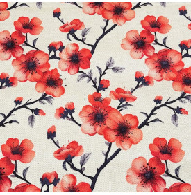 Tissu Aspect Lin / Motif Floral Fleur de Cerisier - Rouge | Coupon