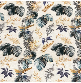 Tissu Aspect Lin / Motif Végétal Feuille Tropical Vert & Bleu | Coupon