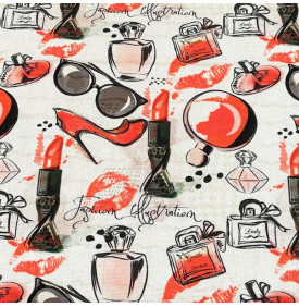 Tissu Aspect Lin / Motif Féminin Fashion - Rouge & Noir | Coupon