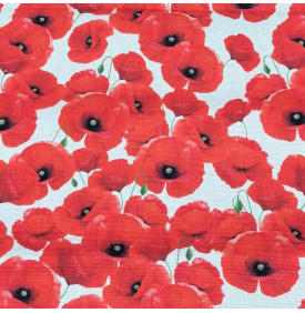 Coupon Tissu Aspect Lin / Coquelicots Rouge & Beige – Fleurs des Champs