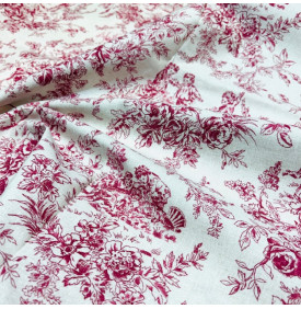 Coton imprimé Mini Pastorale rouge – motif toile de Jouy aux scènes champêtres, élégant et intemporel.
