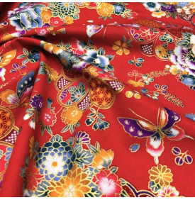 Tissu Coton Imprimé Foil / Fleurs Japonaise Wasabi - Rouge & Or