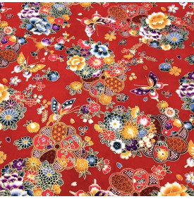 Tissu Coton Imprimé Foil / Fleurs Japonaise Wasabi - Rouge & Or