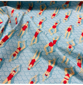 Coton imprimé Swimming Pool bleu et rouge, motif graphique rétro et estival.