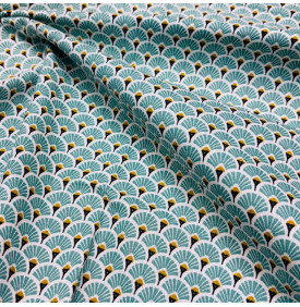 Coton imprimé Éventails doré bleu turquoise, motif graphique d’inspiration japonaise avec touches dorées.